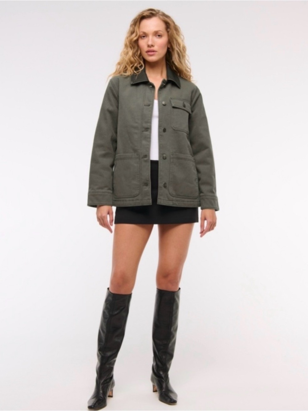 Abercrombie & Fitch Olive Green Canvas Jacket with Dark Brown Collar - Picture 4 of 7